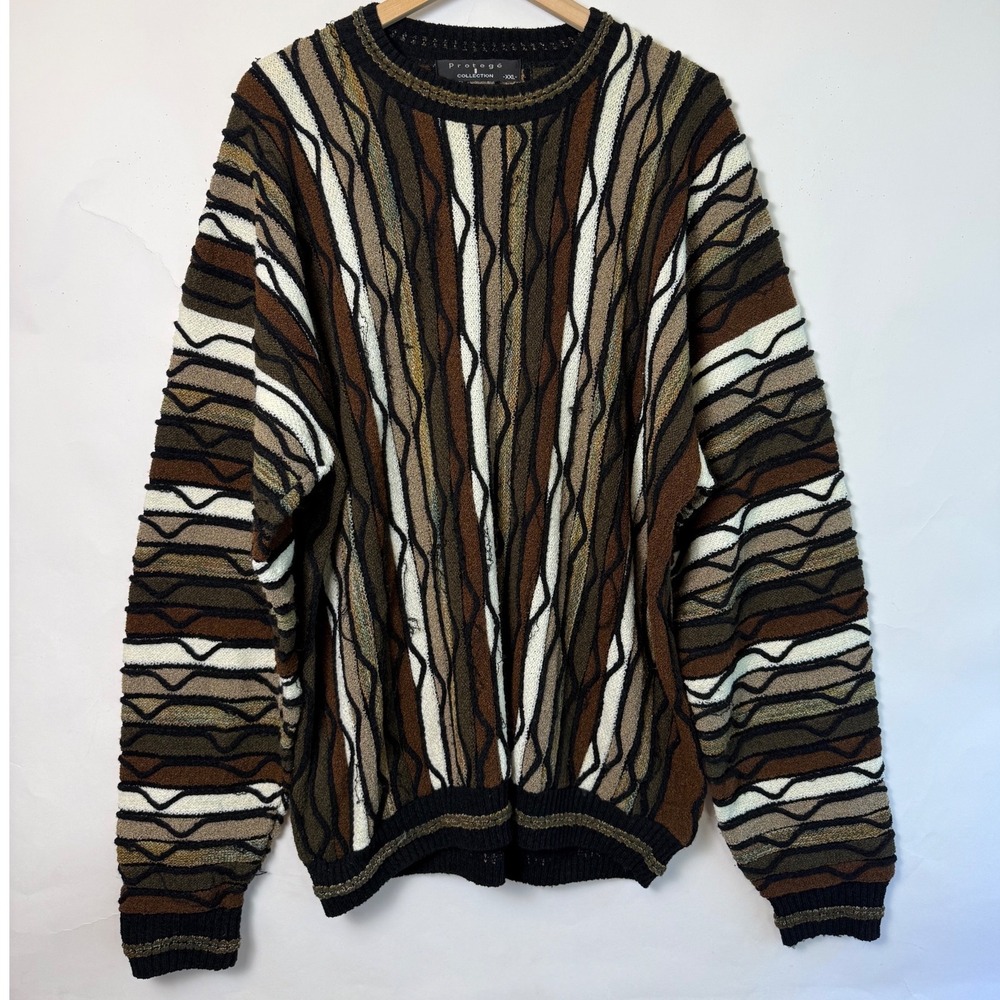 Vintage Protege Collection‎ 3D Knit Sweater XXL Brown Coogi Style Made in USA
